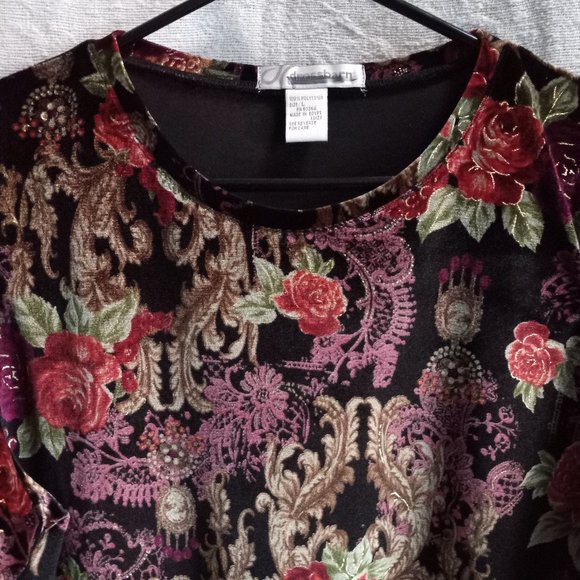 Dress Barn Elegant Stretch Velveteen Floral Pattern Long Sleeved Blouse Top Sz L - Picture 7 of 11